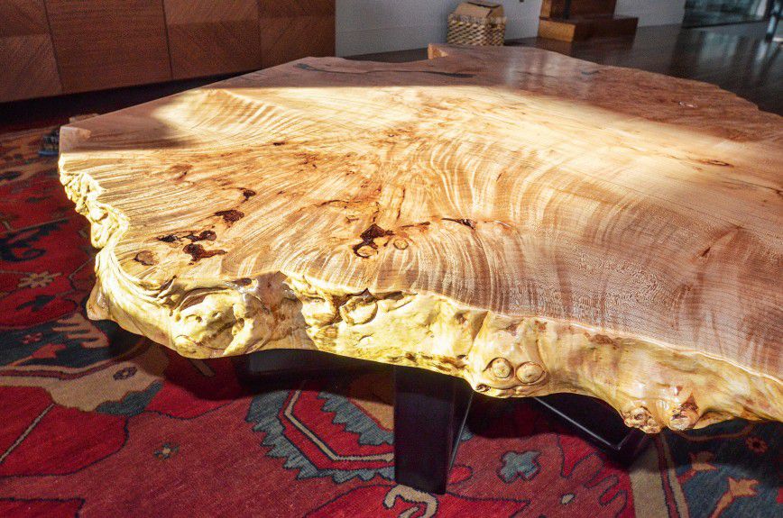 chicago-custom-furniture - Custom one of a kind burl wood coffee table with metal base designed by Runa Novak of In Your Space Interior Design - InYourSpaceHome.com and RunaNovak.com
