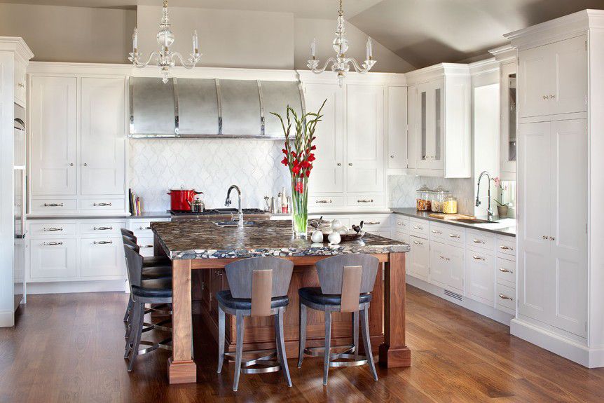 denver-interior-designers - A transitional style kitchen with Decorative Materials backsplash, European Marble countertops, Christopher Peacock cabinets. designed by Runa Novak of In Your Space Interior Design - InYourSpaceHome.com and RunaNovak.com